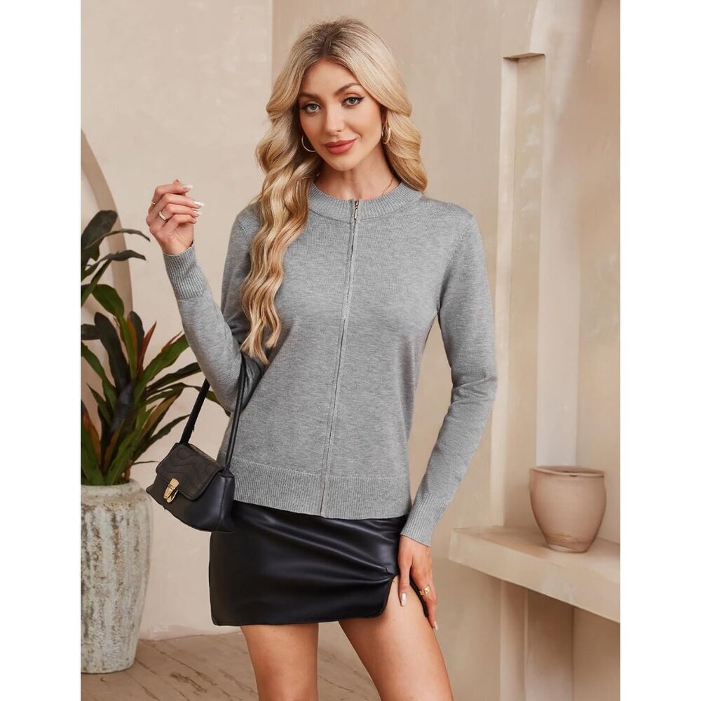 Women's Lightweight Casual Gray Long Sleeve Zipper Knitted Sweatshirts Jacket